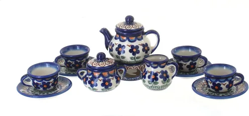 Blue Rose Polish Pottery - Juego de té en miniatura con flores aztecas marrones, 1 juego, juego de té coleccionable de cerámica polaca con tetera y