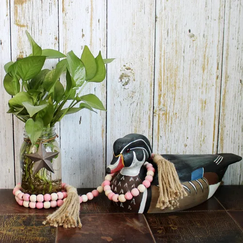 Miniatura 5 de CVHOMEDECO. Guirnalda de cuentas de madera con borlas de madera rústica para decoración de festivales en el hogar. Mezcla rosa envejecida