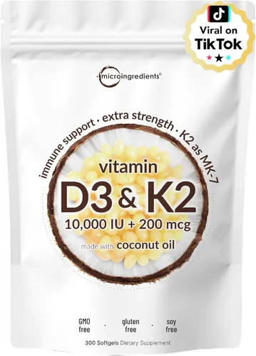 Micro Ingredients Vitamina D3 10,000 UI + K2 MK-7 200 mcg, 300 cápsulas blandas con aceite de coco virgen | Complejo vitamínico 2 en 1 de vitaminas