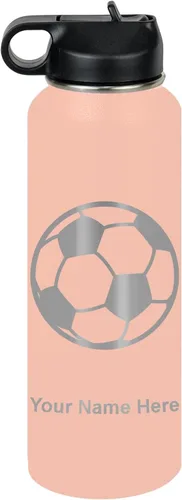 Miniatura 64 de LaserGram Botella de agua personalizada, pelota de fútbol, acero inoxidable de doble pared aislada al vacío con popote superior, regalo grabado