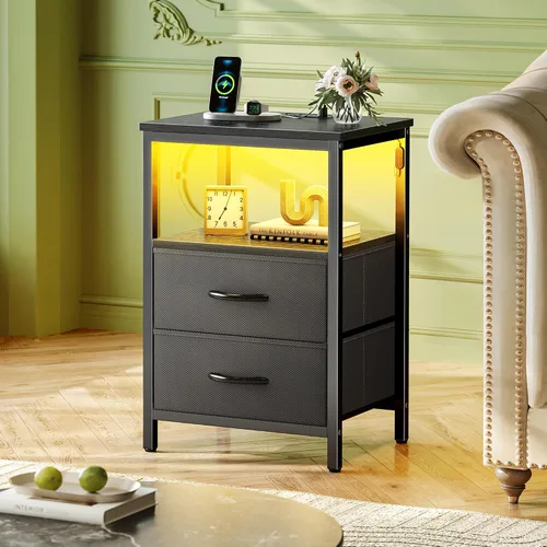 Miniatura 2 de Huuger - Mesita de noche con estación de carga y luces LED, mesita de noche con 2 cajones, mesa auxiliar de cama con estante abierto, mesa auxiliar