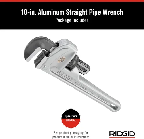 Miniatura 2 de RIDGID 31090 Llave de tubo recto de aluminio, llave de fontanería resistente de 10 pulgadas con hilos autolimpiantes y mordazas de gancho