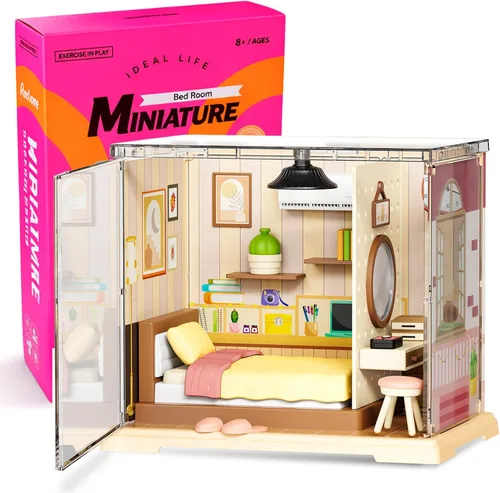 Miniatura 9 de Vodolo Kit de casa en miniatura con LED, kits de rincón de libros para adultos principiantes, decoración de estante de libros, rompecabezas 3D, kits