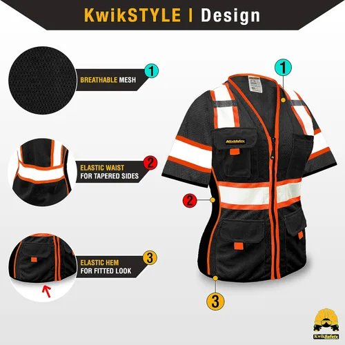 Miniatura 2 de KwikSafety - Charlotte, NC - Men's & Women's Class 3 Safety Vest PPE Hi Vis Reflective ANSI OSHA Negro con mangas Mujer 1 Pack