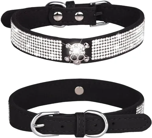 Miniatura 19 de Collar para perro con cristales de imitación, collar de piel sintética con brillantes para perro, gato y cachorro en color negro, tallas S M L XL
