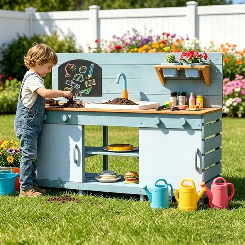 Miniatura 10 de HONEY JOY Cocina de barro, cocina de madera de cedro para niños pequeños, grifo real con agua corriente, fregadero, accesorios de cocina, pizarra