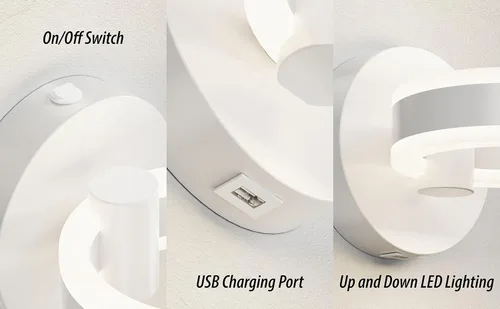 Miniatura 3 de Apliques de pared LED con interruptor de encendido/apagado, accesorios de pared con cable giratorio blanco, puerto de carga USB integrado