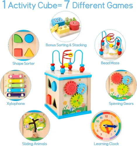 Miniatura 2 de WOODMAM Cubo de Actividades de Madera 7 en 1, Juguetes Montessori para Niños Pequeños de 1 Año, Juguetes Educativos de Desarrollo para Bebés