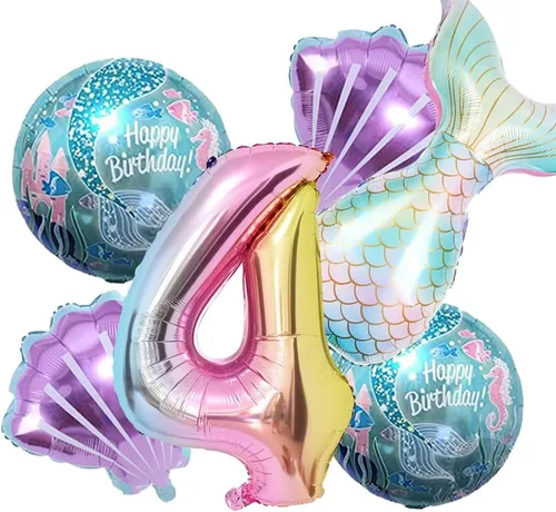 Miniatura 10 de Kit de decoración de cumpleaños de sirena sdquskin: 6 globos verdes de sirena (número 1) para niñas