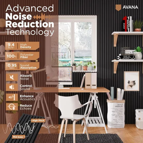 Miniatura 5 de Avana Paneles de pared de madera acústica de 94.4 x 12.6 pulgadas, 2 piezas de paneles acústicos de roble negro, paneles de pared para decoración