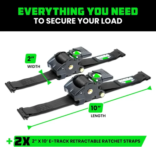 Miniatura 5 de Rhino USA Correas de trinquete retráctiles E-Track de 2 x 10 pies: resistencia máxima a la rotura de 3033 libras Compatible solo con sistemas