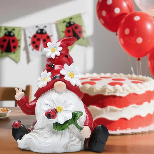 Miniatura 8 de Hodao Decoraciones de gnomos de primavera de mariquita para mesa del hogar, porche, jardín, patio, adornos de elfo de mariquita, decoración de Tela