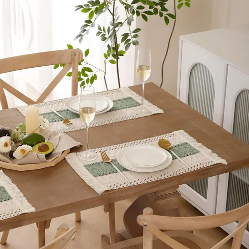 Miniatura 3 de Juego de 4 manteles individuales verdes de macramé para decoración de mesa con flecos, manteles individuales tejidos de arpillera natural para mesa