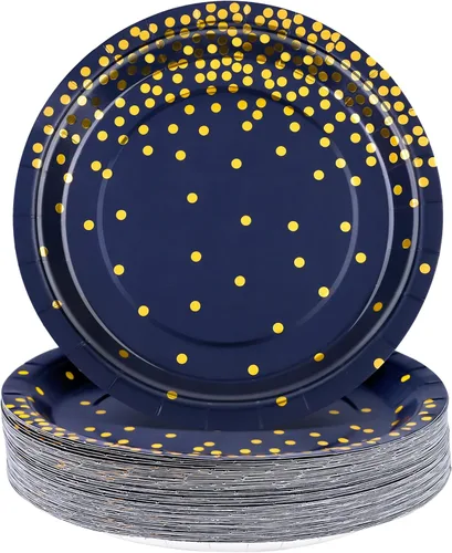 Miniatura 10 de Aneco 60 platos de papel desechables de 9 pulgadas, platos de postre de lunares azules y dorados, platos redondos de papel para bodas, despedidas
