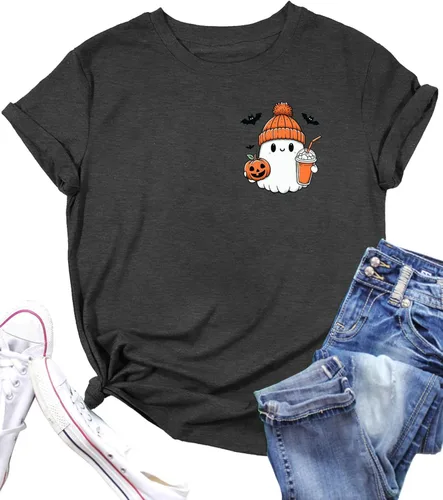 Miniatura 17 de Woffccrd - Camisetas divertidas con estampado de calabaza y leopardo para mujer, camisetas gráficas de manga corta de Halloween para mujer