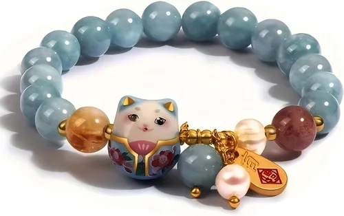 Miniatura 8 de Pulsera de gato de la suerte con cristal azul, colgante de gato de cerámica, joyería de buena suerte Feng Shui para mujer, pulsera de riqueza