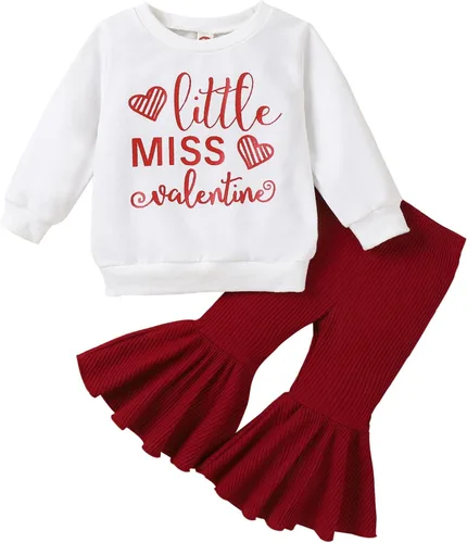 Toddler Girls Valentine's Day Long Sleeve Letter T Shirt Pullover Tops Bell Bottoms Pants Kids Girl Outfits Teens