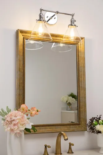 Miniatura 2 de PERMO Aplique doble cromado industrial de 2 luces, apliques de pared con pantalla de vidrio transparente acampanada en forma de embudo, luz