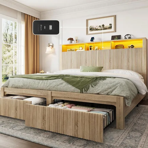 Miniatura 13 de CypBed Base de cama de tamaño matrimonial con cabecera y cajón de almacenamiento, marco de cama matrimonial con luz LED y puerto de carga, diseño