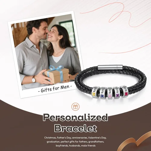 Miniatura 32 de Pulsera personalizada para el Día del Padre para hombre, pulseras personalizadas de cuero trenzado negro con cuentas grabadas de 1 a 8 nombres