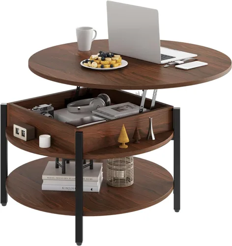 Miniatura 12 de FABATO Mesa de Centro Redonda con Tapa Elevable con Almacenamiento y Compartimento Oculto, 26.77'' Mesa de Centro Estilo Granja para Sala de Estar