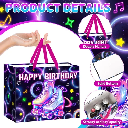 Miniatura 4 de Patinaje sobre ruedas para decoración de cumpleaños, bolsa de regalo de cumpleaños con papel de regalo y tarjeta, bolsa de papel grande y colorida