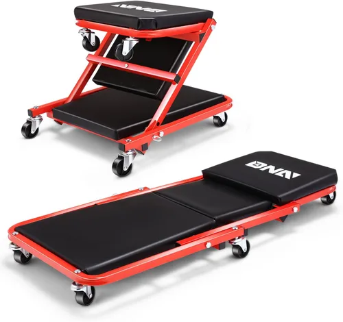 Miniatura 9 de DNA MOTORING Carro plegable 2 en 1 de 36 pulgadas en forma de Z, silla ajustable para garaje puedes acostarte o sentarte, 6 ruedas, capacidad de 330