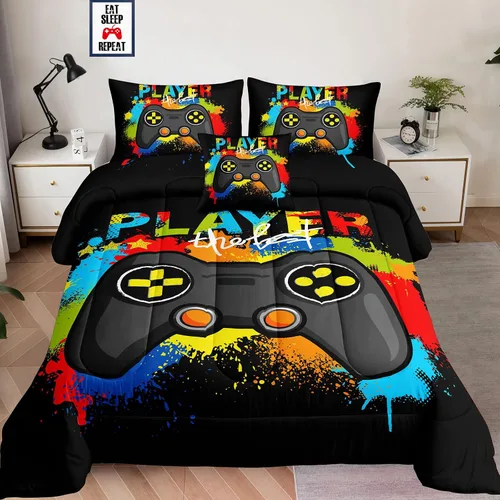 Juego de ropa de cama de 6 piezas para videojuegos, juego de edredón para niños con sábana encimera, sábana bajera, fundas de almohada, funda de A19