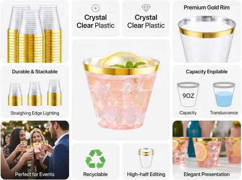 Miniatura 3 de WELLIFE 200 piezas de vasos de plástico dorados, vasos de plástico transparentes de 9 onzas, vasos de vino desechables, vasos de cóctel de plástico