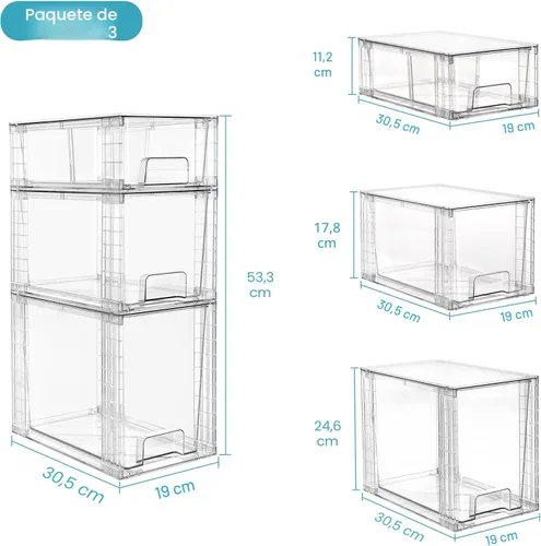 Miniatura 3 de Vtopmart Paquete de 3 cajones de almacenamiento apilables transparentes, organizadores de baño fáciles de montar y almacenamiento con asas, cajones