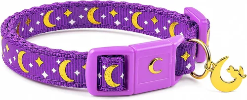 Miniatura 14 de waaag - Collar de seguridad para gato, con diseño de lunas y estrellas doradas, brilla en la oscuridad