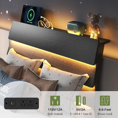 Miniatura 4 de Feonase Base de cama flotante individual con luces LED y estación de carga, marco de cama de madera tamaño individual con cabecera