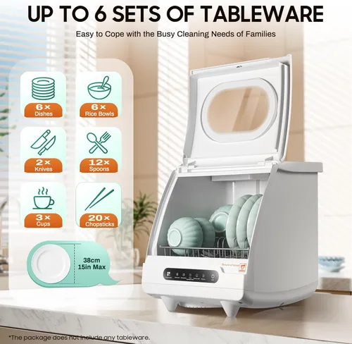 Miniatura 4 de Mini lavavajillas de encimera de 1200 W, control de panel completo, lavadora de platos portátil y compacta, 5 programas de lavado de 2 a 6
