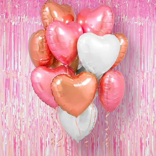 KatchOn, Cortina de flecos iridiscentes de color rosa extragrande de 3.2 x 8 pies, globos de corazón rosa y rosa de 18 pulgadas, paquete de 12