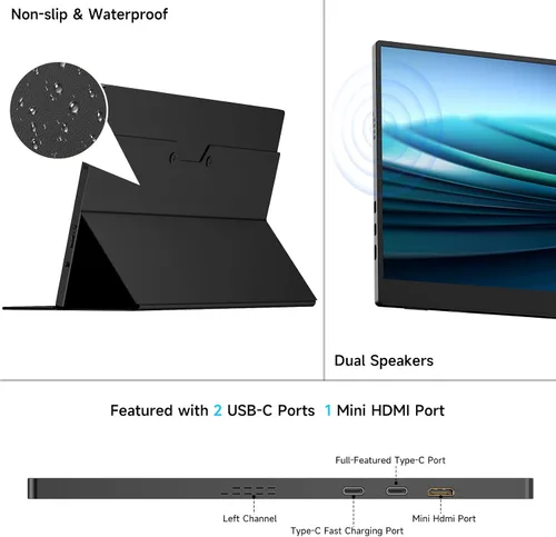 Miniatura 5 de memzuoix Monitor portátil de 15 pulgadas FHD 1080P 100% sRGB HDR IPS USB-C y HDMI para juegos/Mac/PS5 Pantalla de viaje de 1.4 libras con Negro