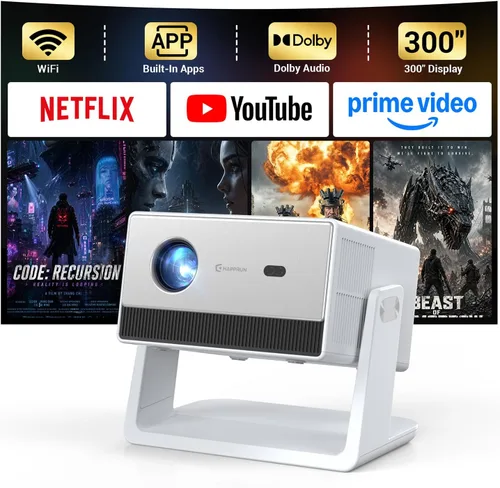 Proyector inteligente ANSI 1500, proyector portátil con WiFi y Bluetooth, HAPPRUN 4K Full HD Home Theater con soporte de 270°, sonido Dolby,