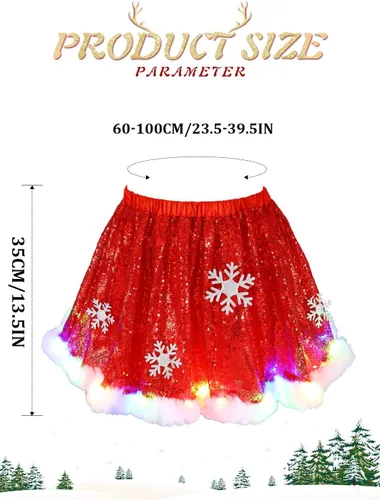 Miniatura 3 de REETAN Falda de lentejuelas de Navidad iluminada con copo de nieve, falda de vientre de Navidad brillante para mujeres y niñas, color rojo, Rojo