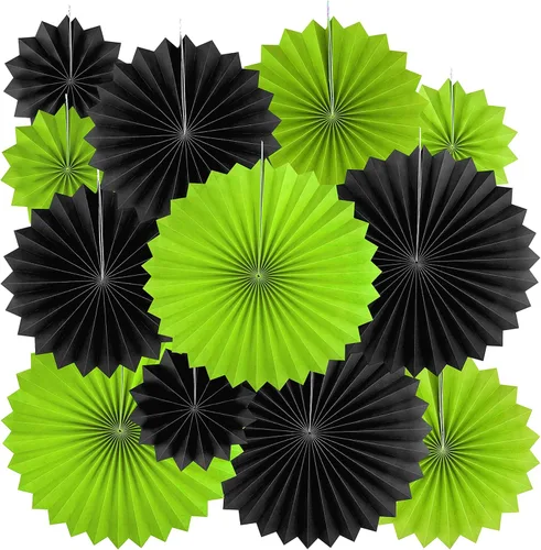 Decoración de abanicos de papel para colgar en fiestas de color negro y verde – Decoración tropical de animales de la selva para fiesta de