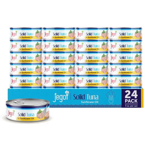 Jego Atún sólido en aceite de girasol, atún natural salvaje, keto, bajo en carbohidratos, sin gluten, sin soja, enlatado, listo para comer, paquete