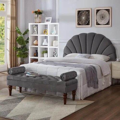 Miniatura 5 de 24KF Impresionante cabecera con diseño de corona, cabecera tapizada con patrón de pétalos de terciopelo suave, tamaño Queen, Matrimonial, color gris