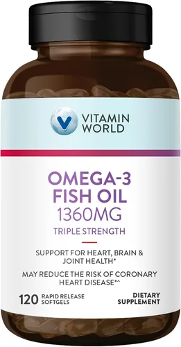 Vitamin World Suplemento de aceite de pescado Omega 3 Triple Strength de 1360 mg, 950 mg de ácidos grasos omega-3 activos con EPA y DHA, apoya la