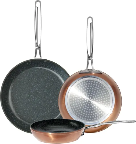 Nuwave juego de 3 sartenes forjadas ligeras de 8, 10 y 12 pulgadas, cerámica Duralon azul G10 saludable, ultra antiadherente, mangos ergonómicos de