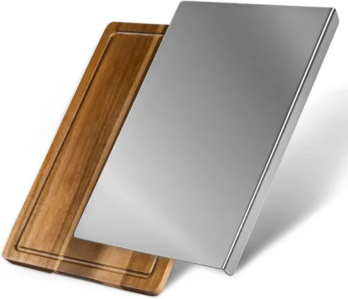 Miniatura 11 de Tabla de cortar de acero inoxidable, tabla de cortar de metal con mostrador de labio apto para lavavajillas, para carne, pescado, verduras, frutas