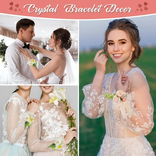 Miniatura 4 de Junkin 6 pulseras de ramillete con diamantes de imitación, elásticas, para decoración de bodas, bailes de graduación, aniversario (plateado)