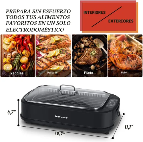 Miniatura 3 de Parrilla para interiores, Techwood 1500W sin humo con tapa de vidrio templado, parrilla eléctrica compacta y portátil antiadherente con control de 6