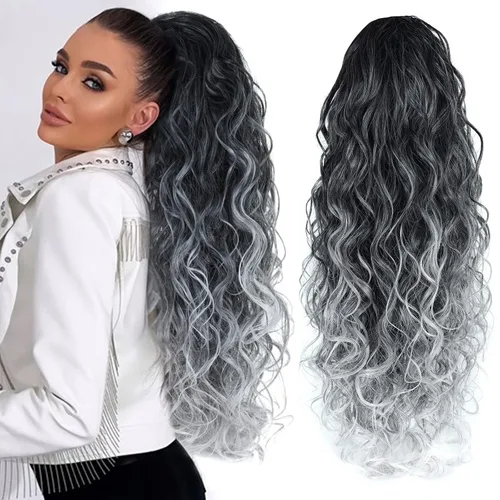 Miniatura 13 de Extensiones de cabello ombré 1B/27, cola de caballo para mujeres negras, extensiones de cola de caballo largas onduladas con cordón, extensiones