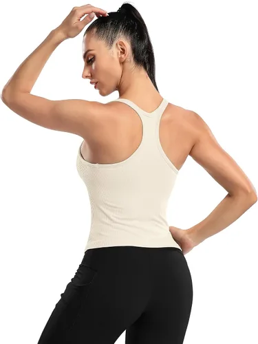 Miniatura 65 de ATTRACO Camiseta corta acanalada de entrenamiento para mujer con brasier integrado para yoga, espalda cruzada, ajuste ajustado