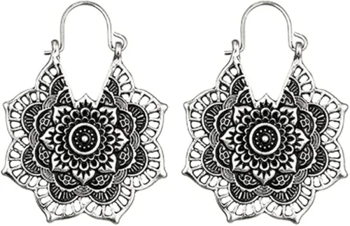 Aretes de loto boho para mujer, aretes de aro de plata de ley 925, aretes étnicos de gota esmaltados, aretes vintage para decoración de fiesta de
