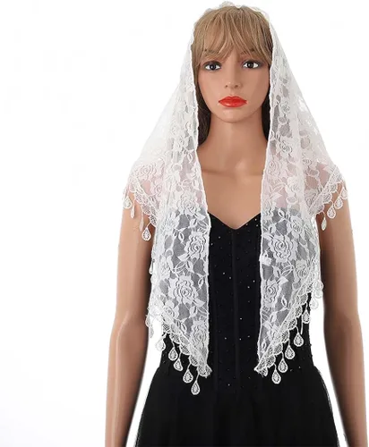 Miniatura 2 de Aularso Lace Church Veils Wedding Floral Scarf Tassel Shawl Mantilla Veils Soft Tulle Embroidered Bridal Mass Veil for Women