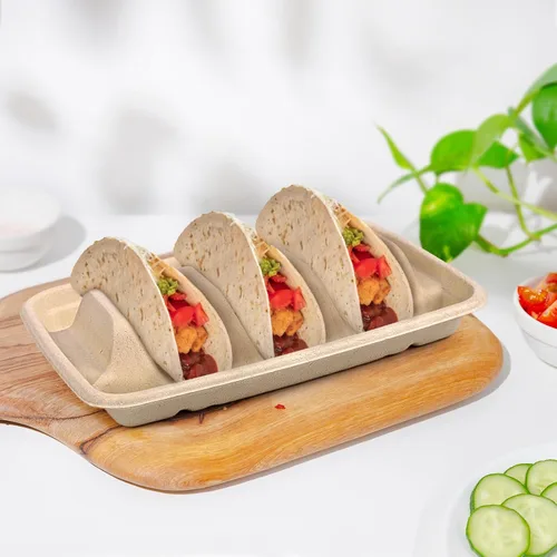 Miniatura 4 de Paquete de 100 soportes desechables para tacos, platos desechables para tacos con divisores, bandejas de papel compostable, juego de servir barra